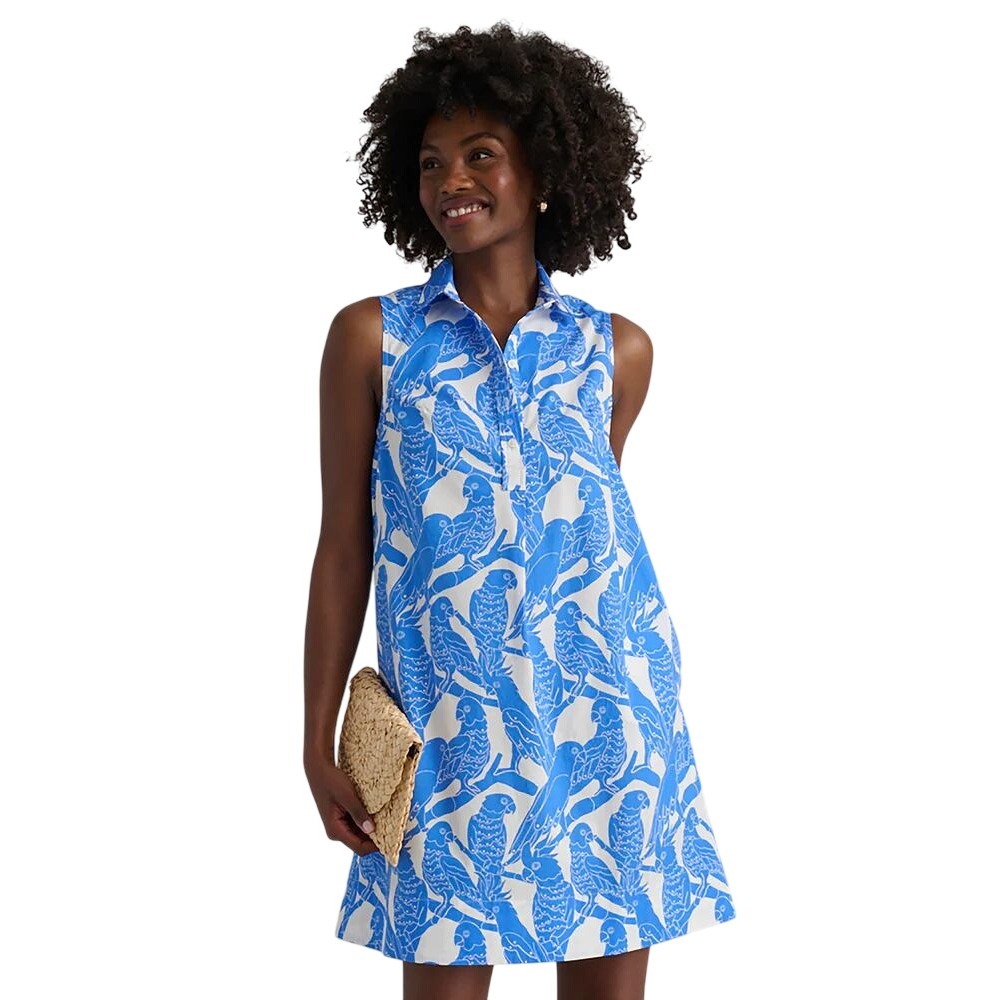 UNTUCKit Jordan Dress Womens Small Blue White Parrot Print Sleeveless A-Line
